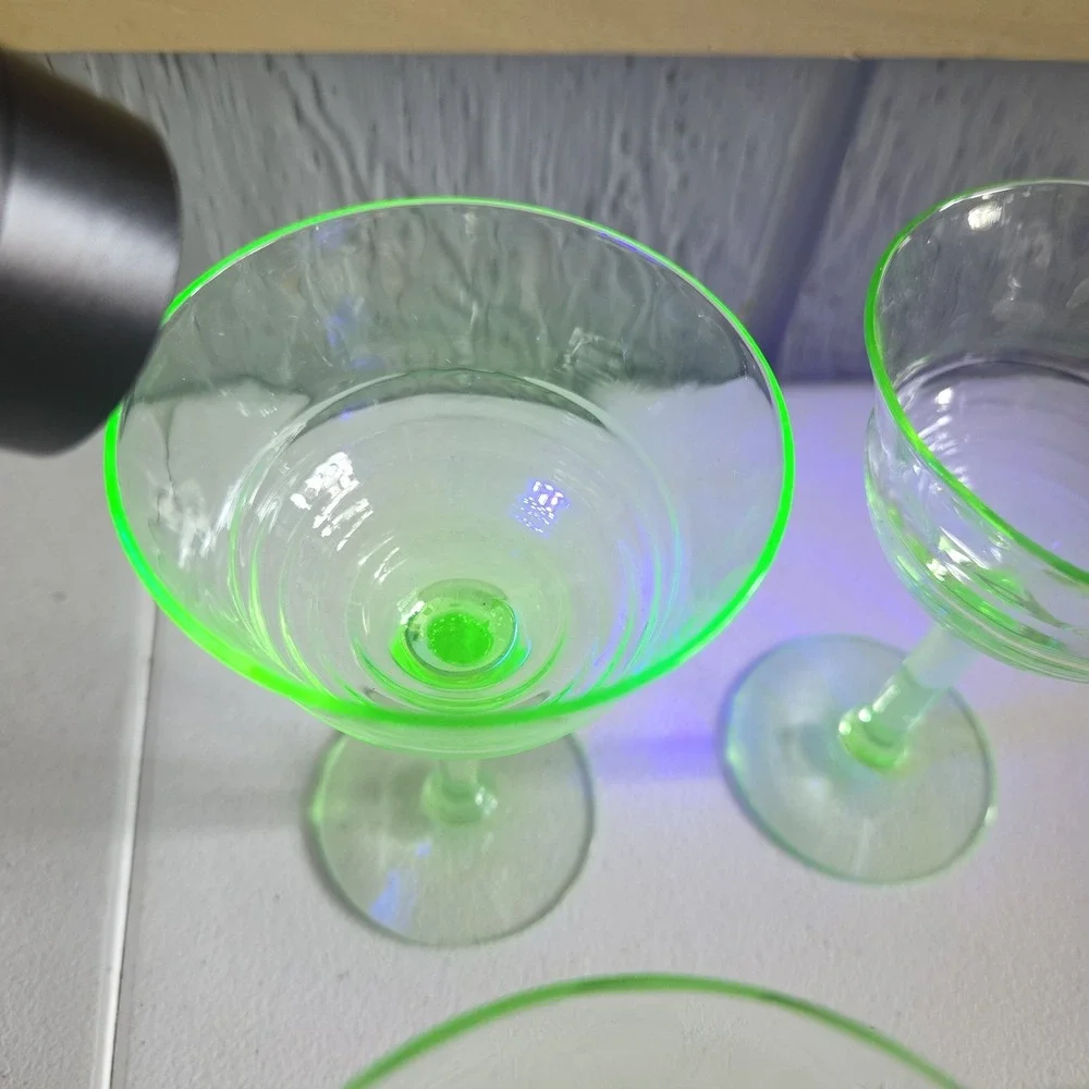 Vintage Uranium Small Stem Glass Green Hue Collectible Glassware Set Of 4